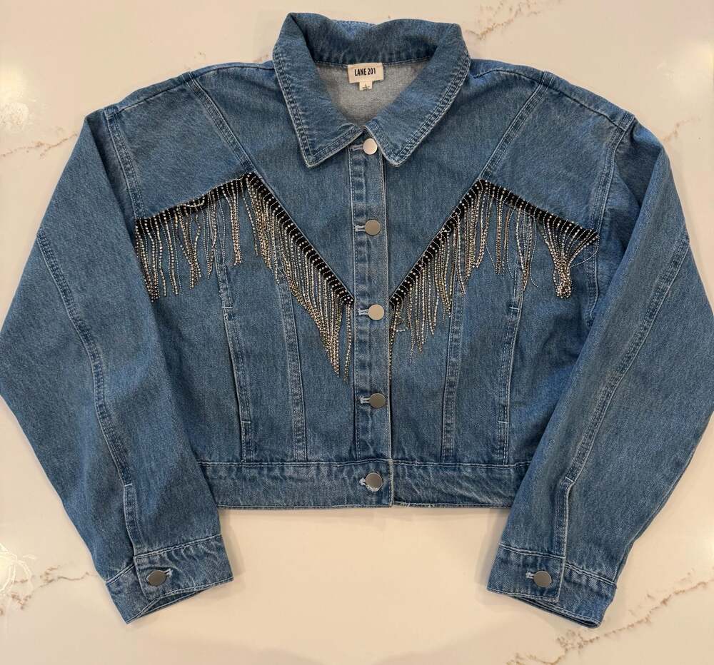 Lane 201 Rhinestone Tassel Fringe Cropped Denim Jacket